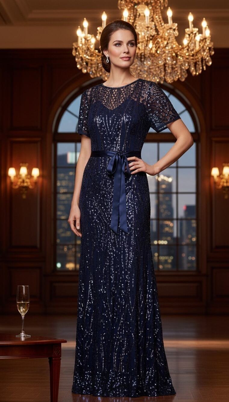 R&M Richards Dark Blue Sequin Mesh Formal Maxi Evening Gown Sz 18W Mother in Law